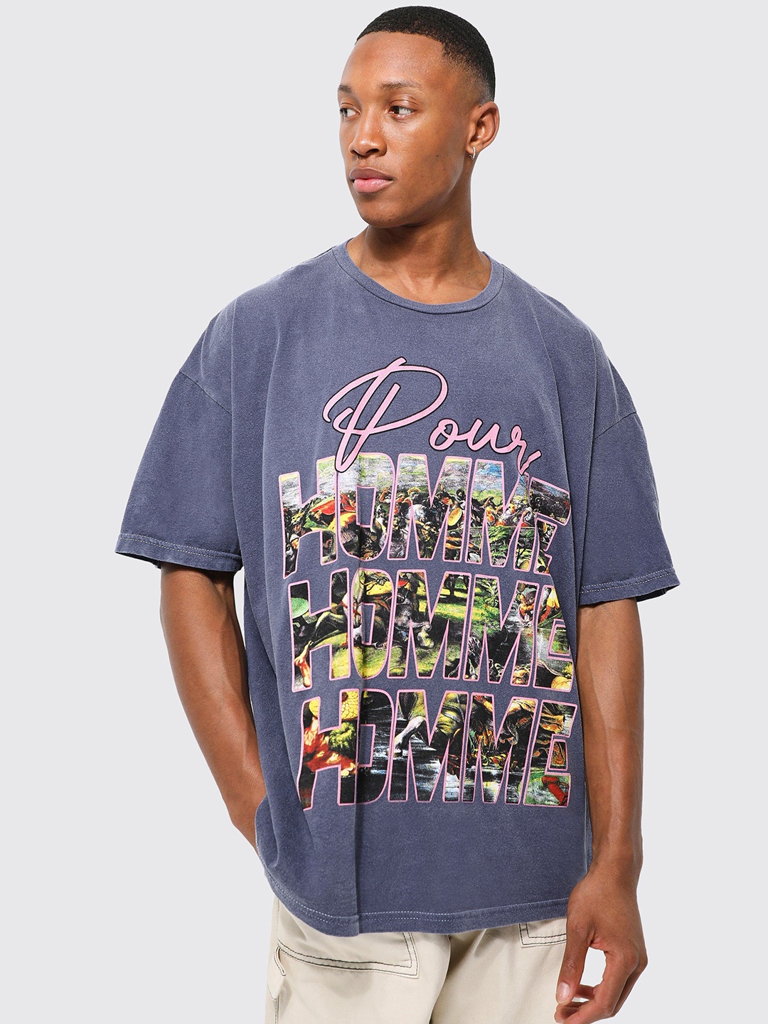 boohooMAN Graphic Printed Pure Cotton Oversized T-shirt, Violet