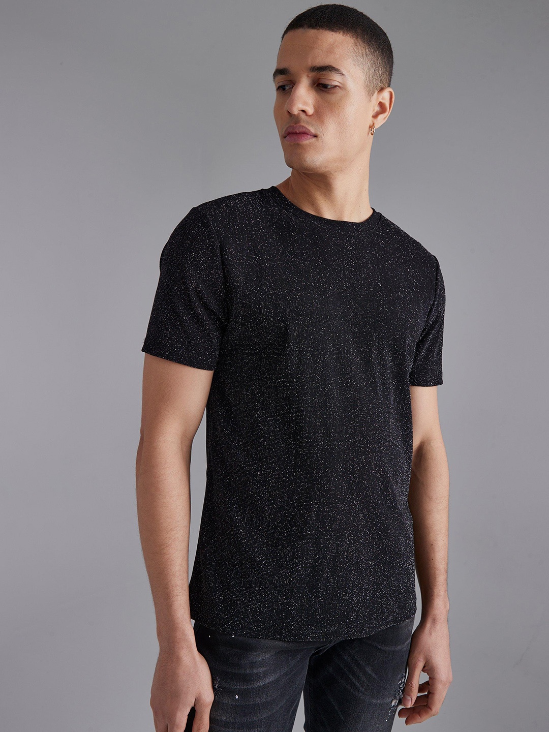 boohooMAN Slim Fit Gllitter Detail T-shirt, Black