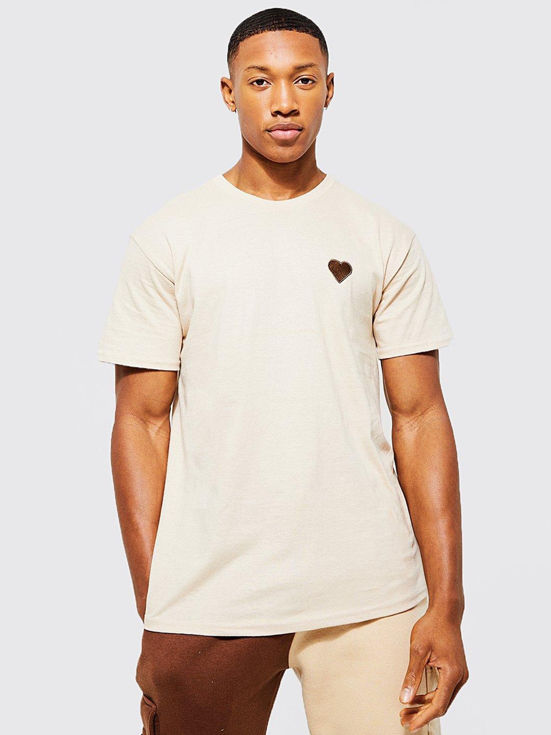 boohooMAN Applique Detail Pure Cotton T-shirt, Beige