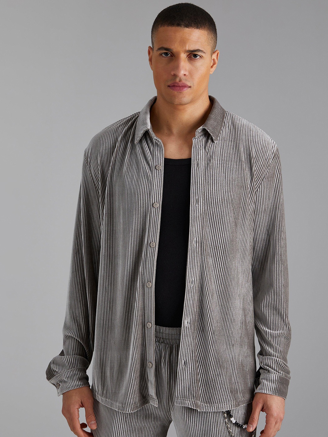 boohooMAN Pleated Velour Casual Shirt, Grey