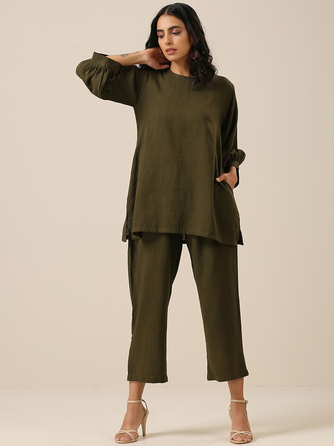 trueBrowns Self Design Baggy Sleeve Pure Cotton Co-Ords, Olive