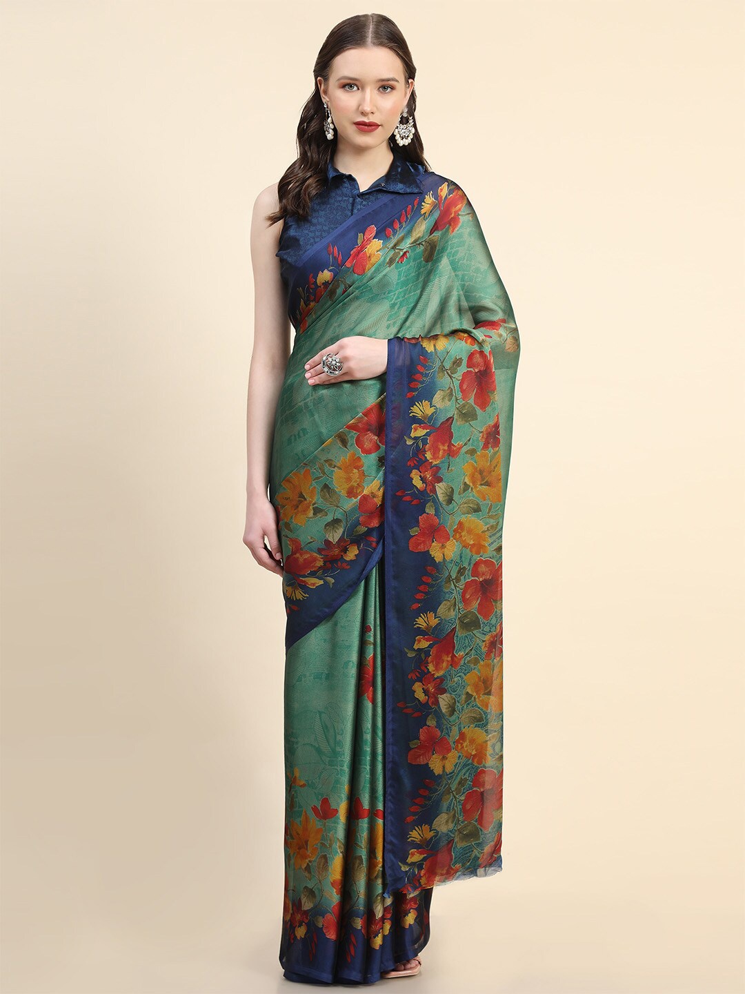 Leeza Store Floral Printed Saree, Green
