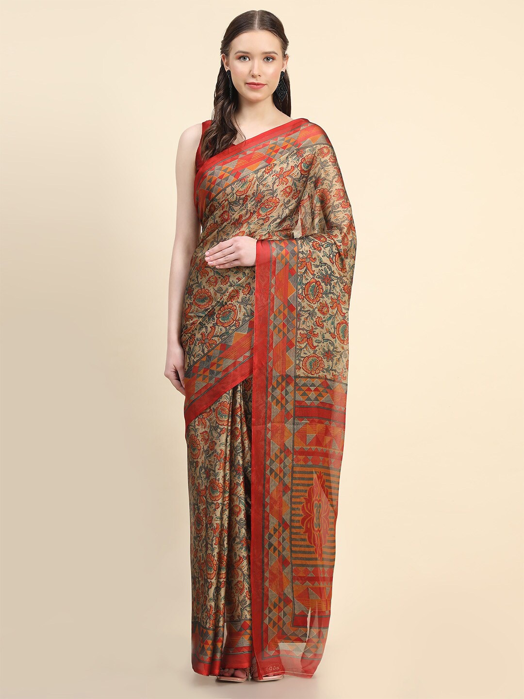 Leeza Store Floral Printed Chiffon Saree, Red