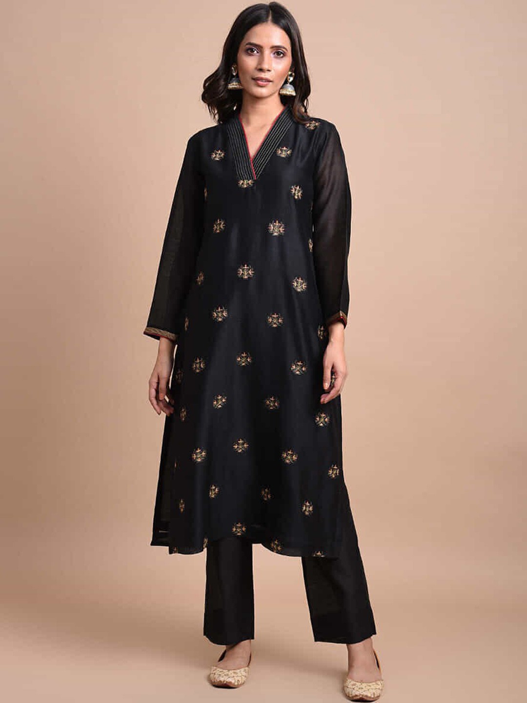 SMRITI GUPTA Ethnic Motifs Embroidered Thread Work Chanderi Cotton Kurta, Black