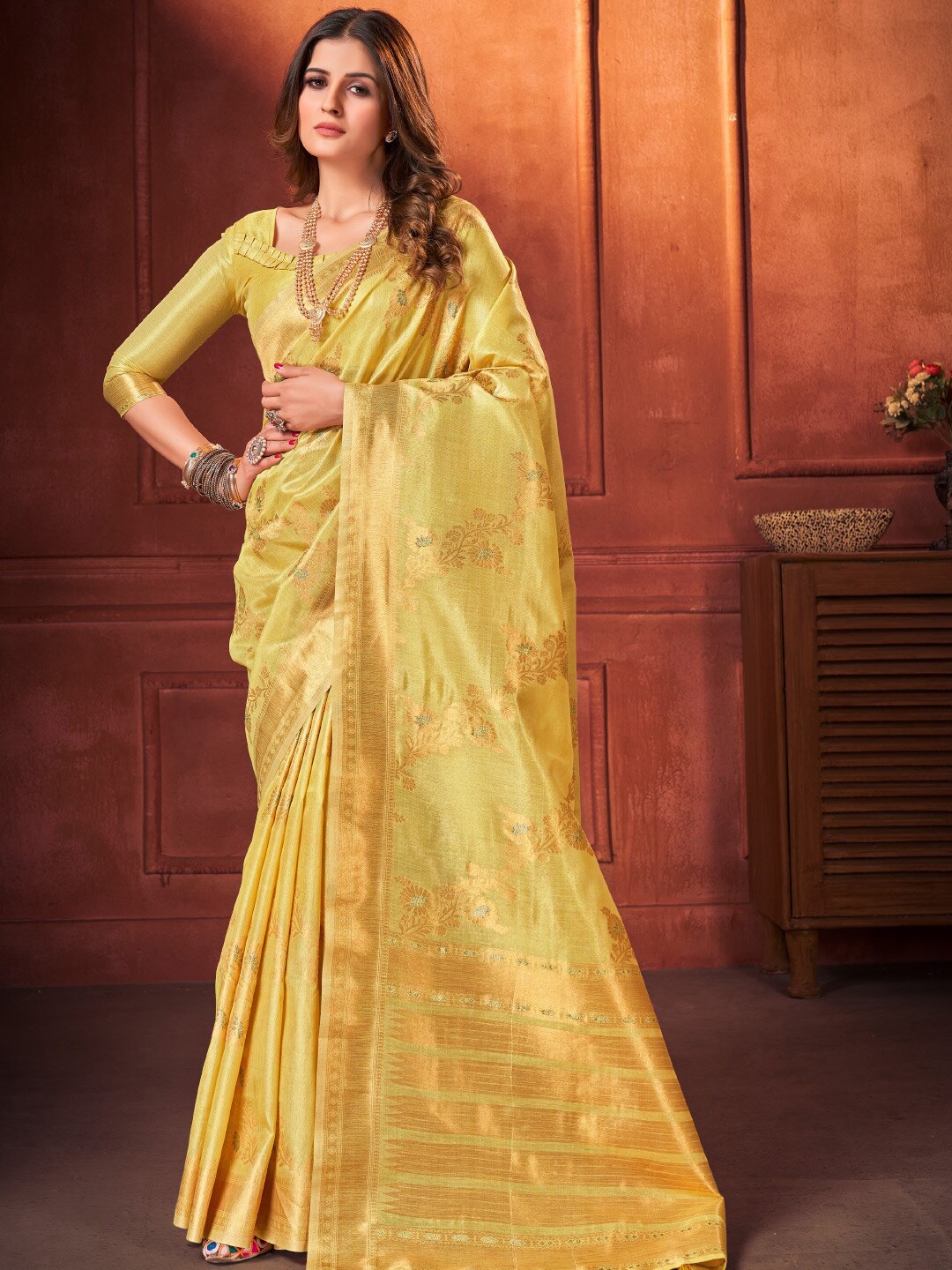 KARAGIRI Woven Design Zari Silk Blend Saree, Yellow