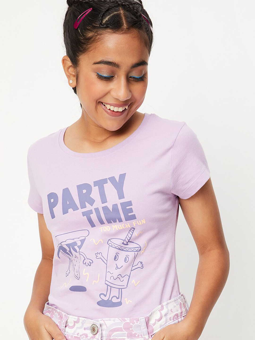 max Girls Typography Printed Pure Cotton T-shirt, Lavender