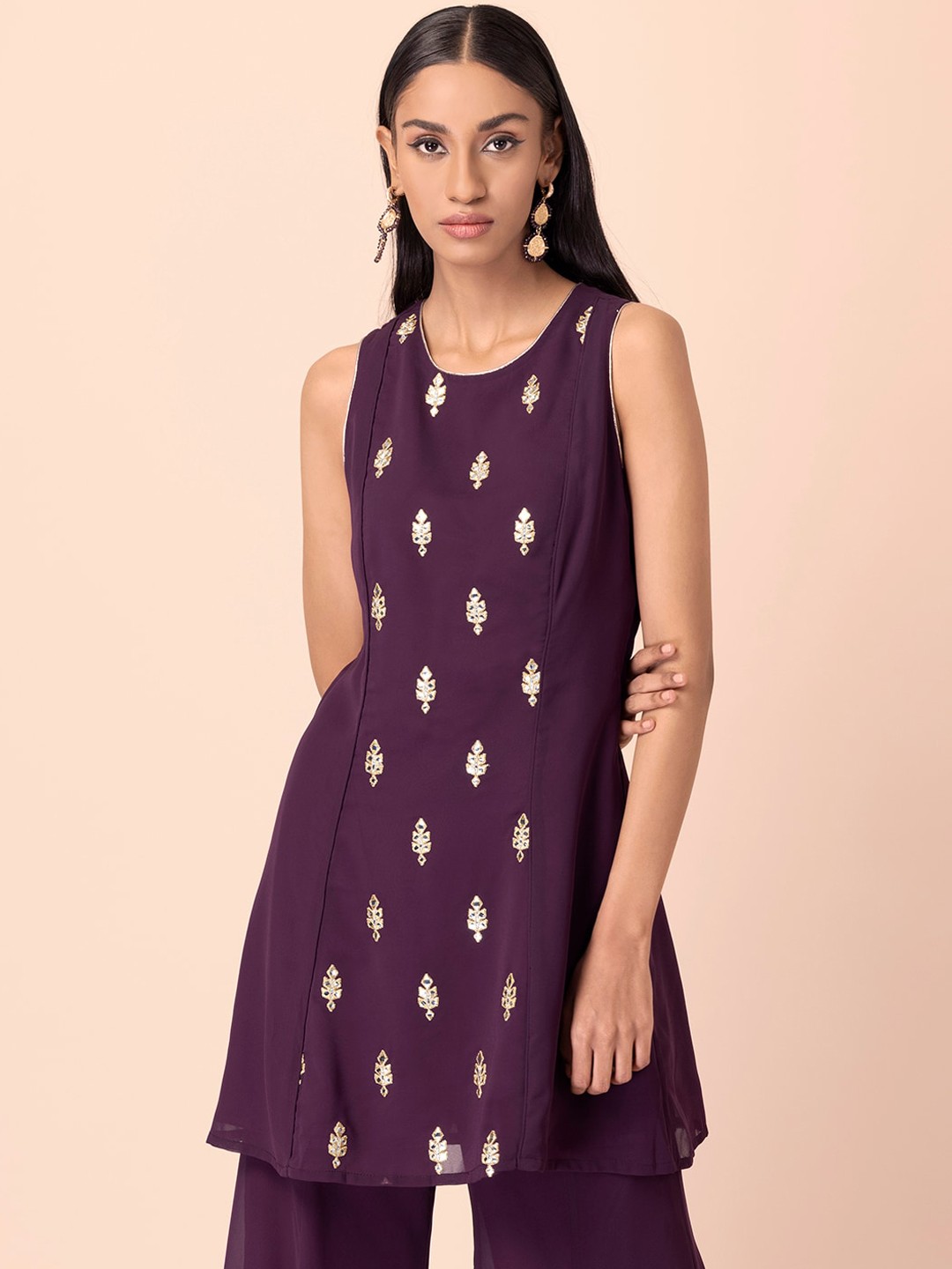 INDYA Ethnic Motifs Embroidered Georgette Panelled Sangria Mirror Short Kurti, Purple
INDYA Ethnic Motifs Embroidered Georgette Panelled Sangria Mirror Short Kurti, Purple