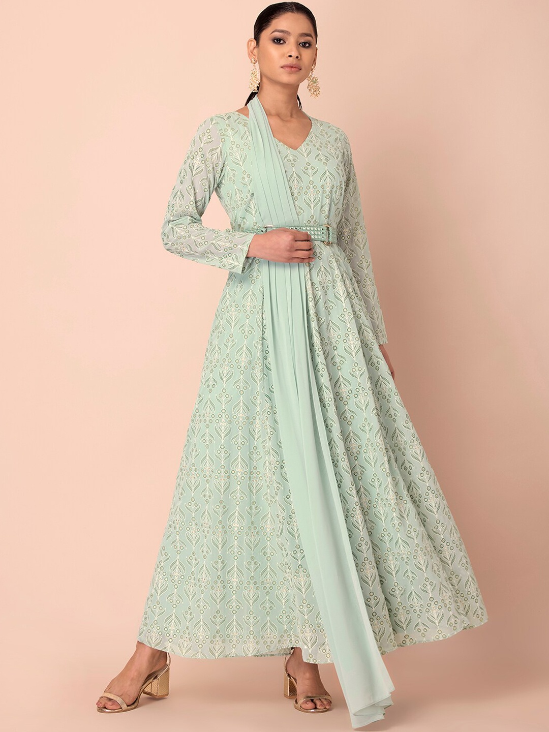 INDYA Floral Printed Gotta Patti Georgette Anarkali Kurta with Attached Dupatta & Belt, Green
INDYA Floral Printed Gotta Patti Georgette Anarkali Kurta with Attached Dupatta & Belt, Green