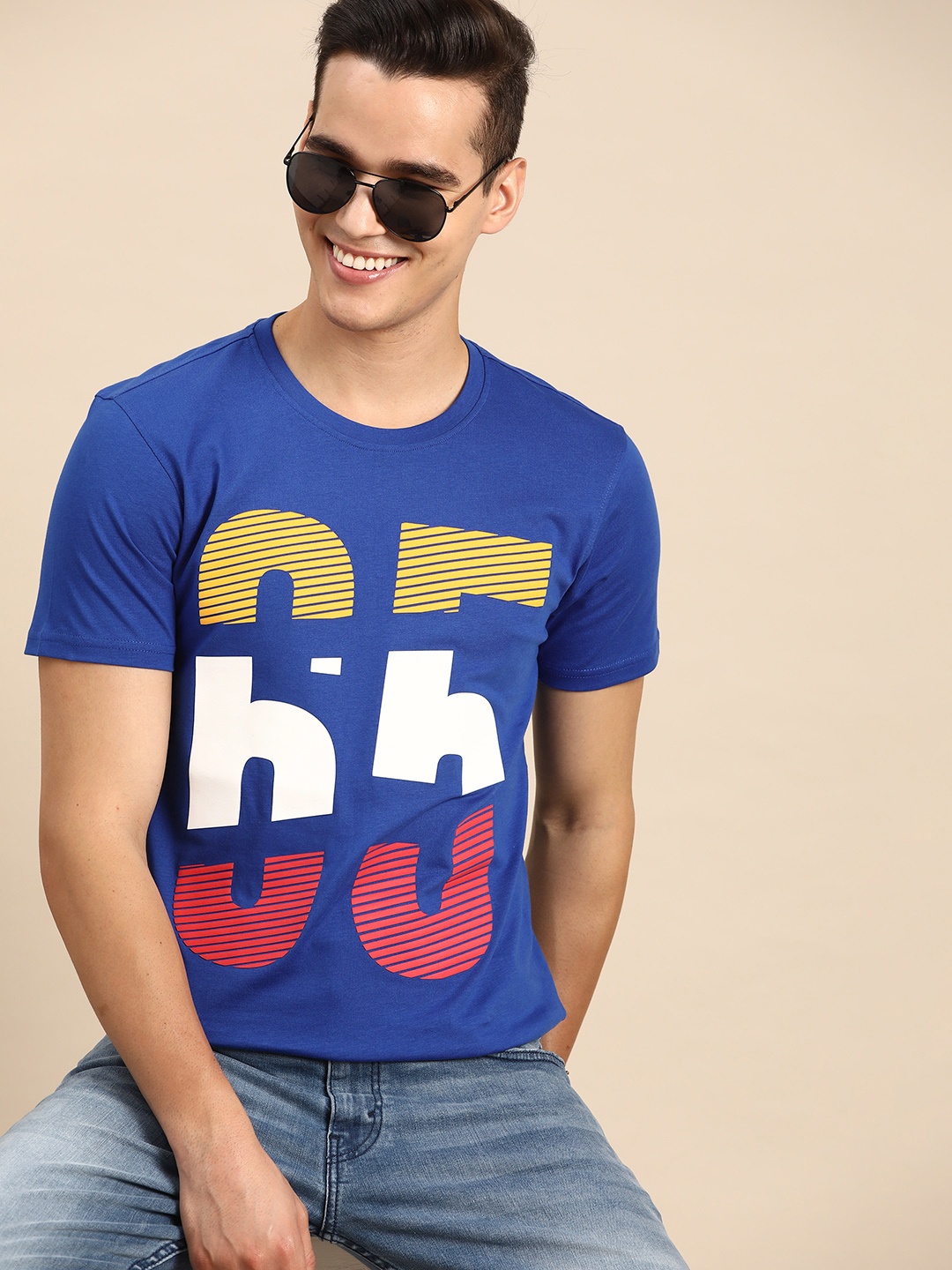 United Colors of Benetton Men Blue & White Varsity Printed Pure Cotton T-shirt