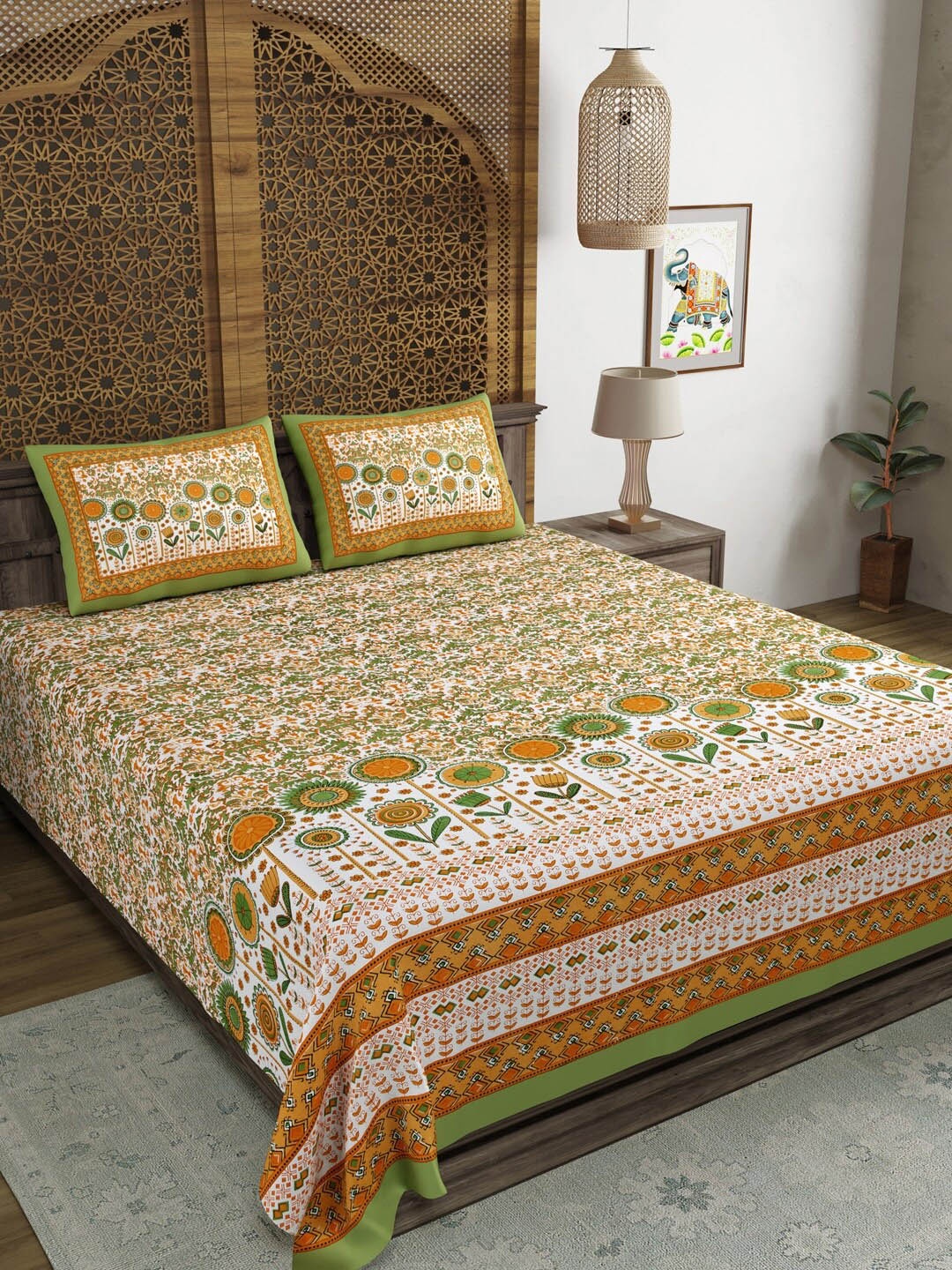 BLOCKS OF INDIA White & Green Floral 210 TC Cotton Super King Bedsheet & 2 Pillow Covers
BLOCKS OF INDIA White & Green Floral 210 TC Cotton Super King Bedsheet & 2 Pillow Covers