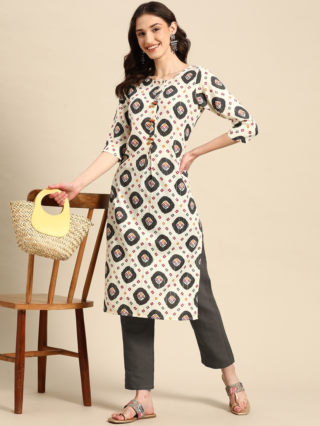 Sangria Women Off White Bandhani Printed Regular Beads and Stones Kurta with Trousers
Sangria Women Off White Bandhani Printed Regular Beads and Stones Kurta with Trousers