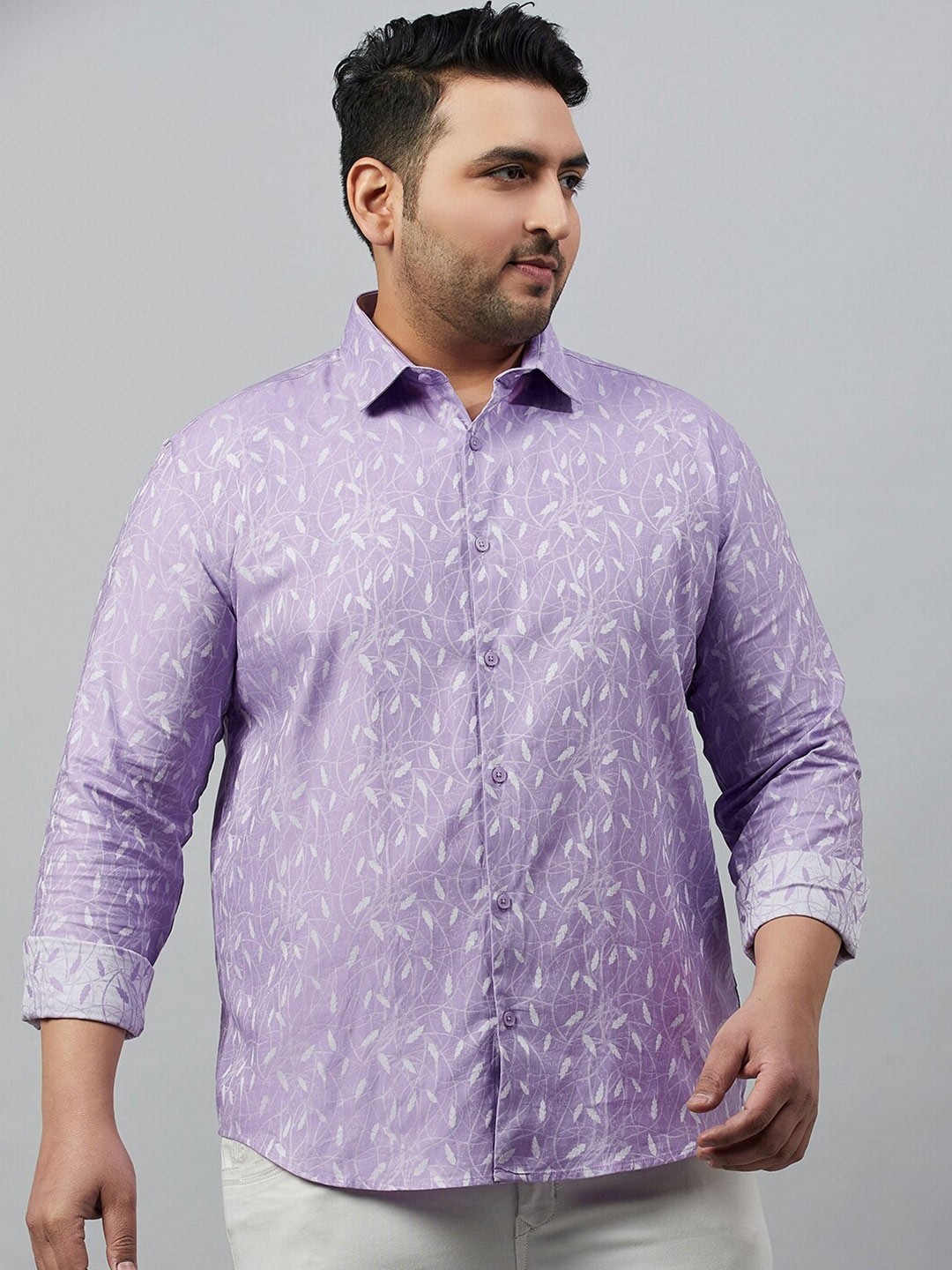 SHOWOFF Plus Plus Size Smart Floral Printed Cotton Casual Shirt, Lavender