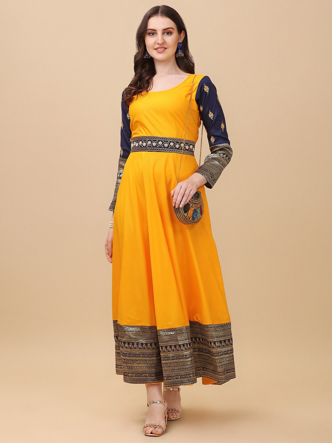 Vidraa Western Store Jacquard Maxi Ethnic Dress, Yellow