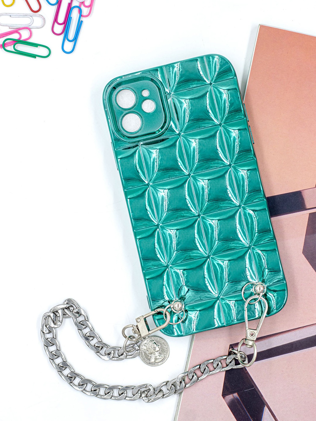 DOOBNOOB Electro-Plating Lattice Square iPhone 11 Phone Back Case With Korean Bracelet, Green