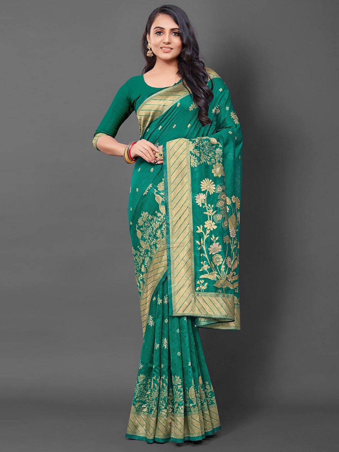 Mitera Floral Zari Silk Blend Banarasi Saree, Teal