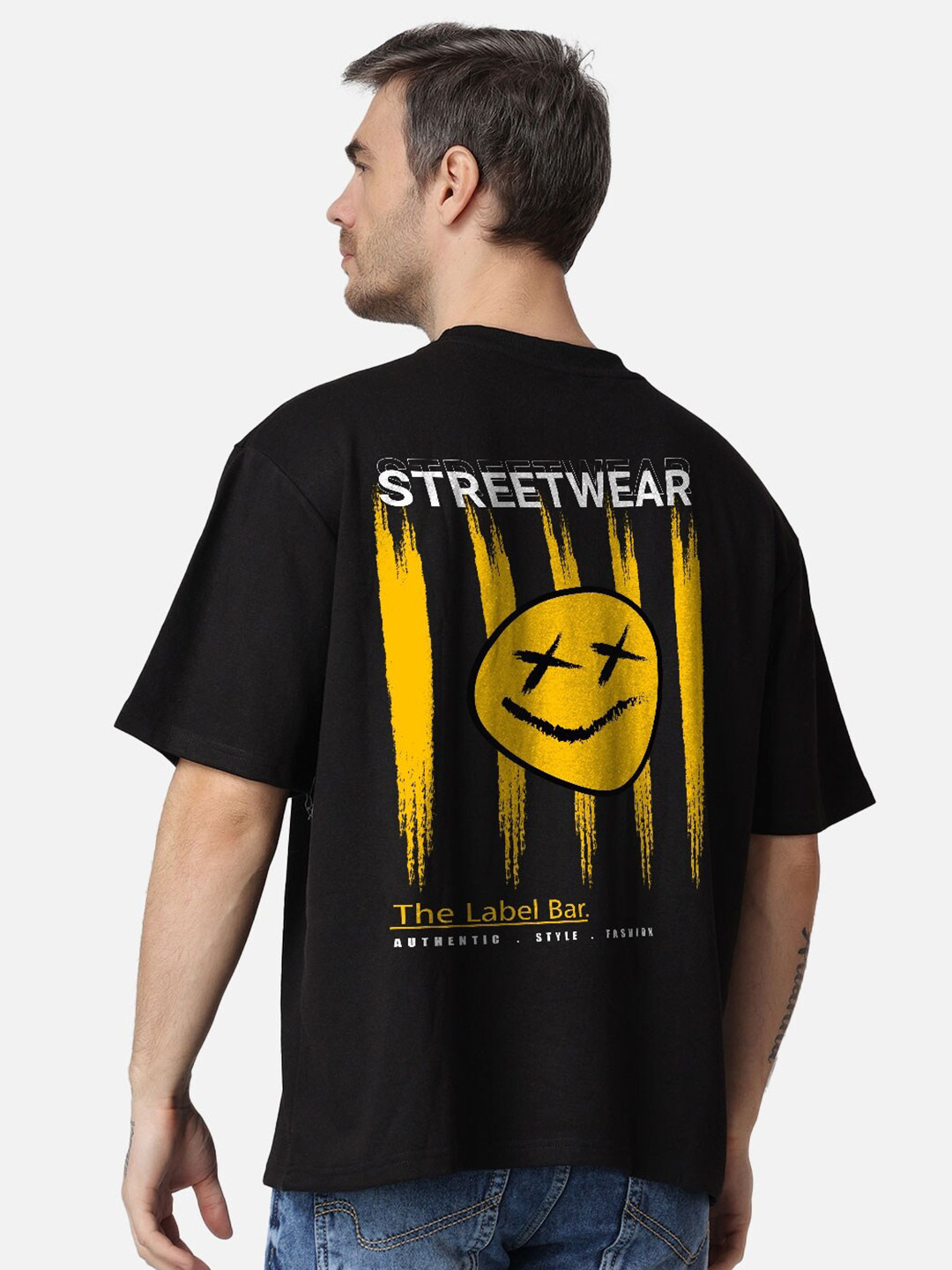 The Label Bar Graphic Printed Drop-Shoulder Sleeves Oversized Fit Cotton T-shirt, Black 
The Label Bar Graphic Printed Drop-Shoulder Sleeves Oversized Fit Cotton T-shirt, Black