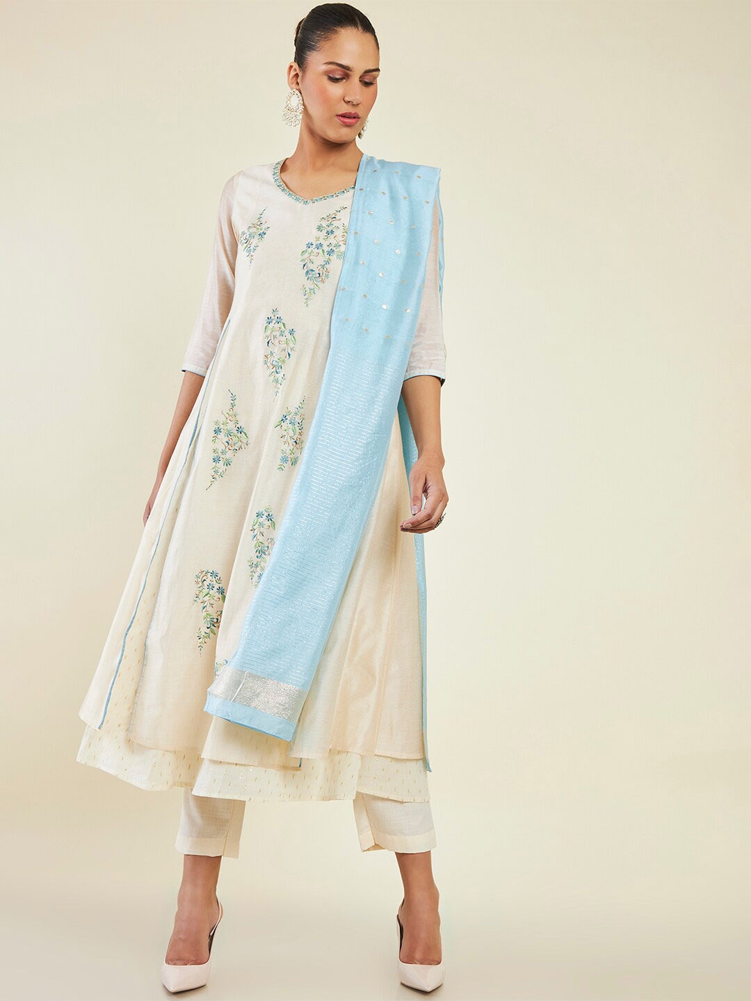 Soch Floral Embroidered Layered Anarkali Zari Pure Cotton Kurta with Trousers & Dupatta, Off white
Soch Floral Embroidered Layered Anarkali Zari Pure Cotton Kurta with Trousers & Dupatta, Off white