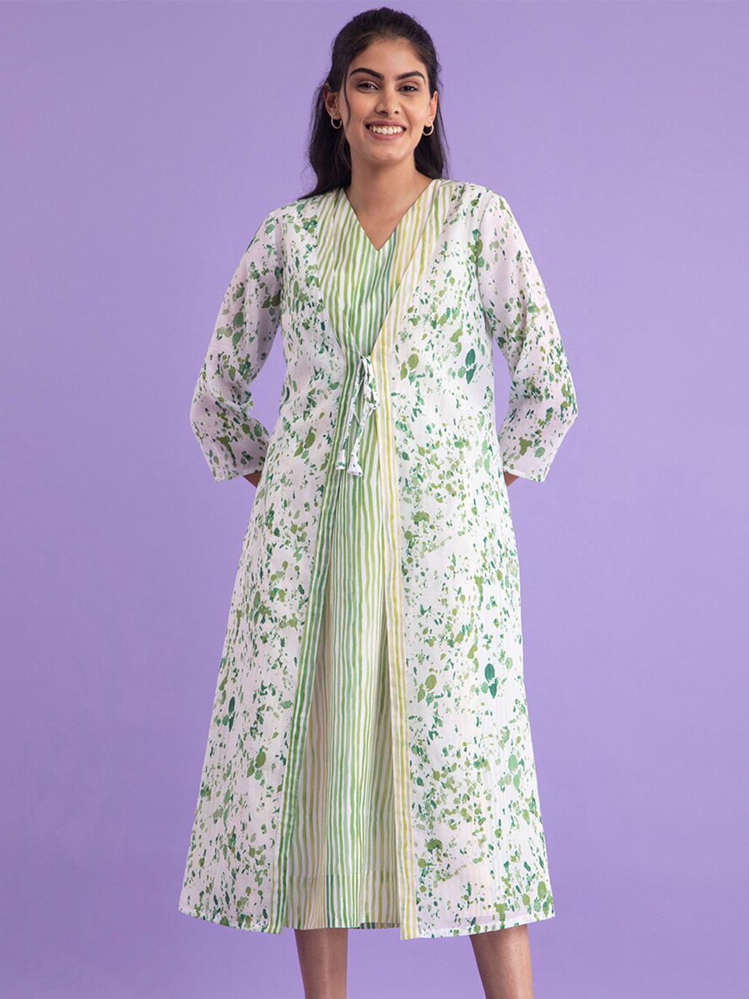 Pink Fort Ethnic A-Line Dress With Jacket, White 
Pink Fort Ethnic A-Line Dress With Jacket, White