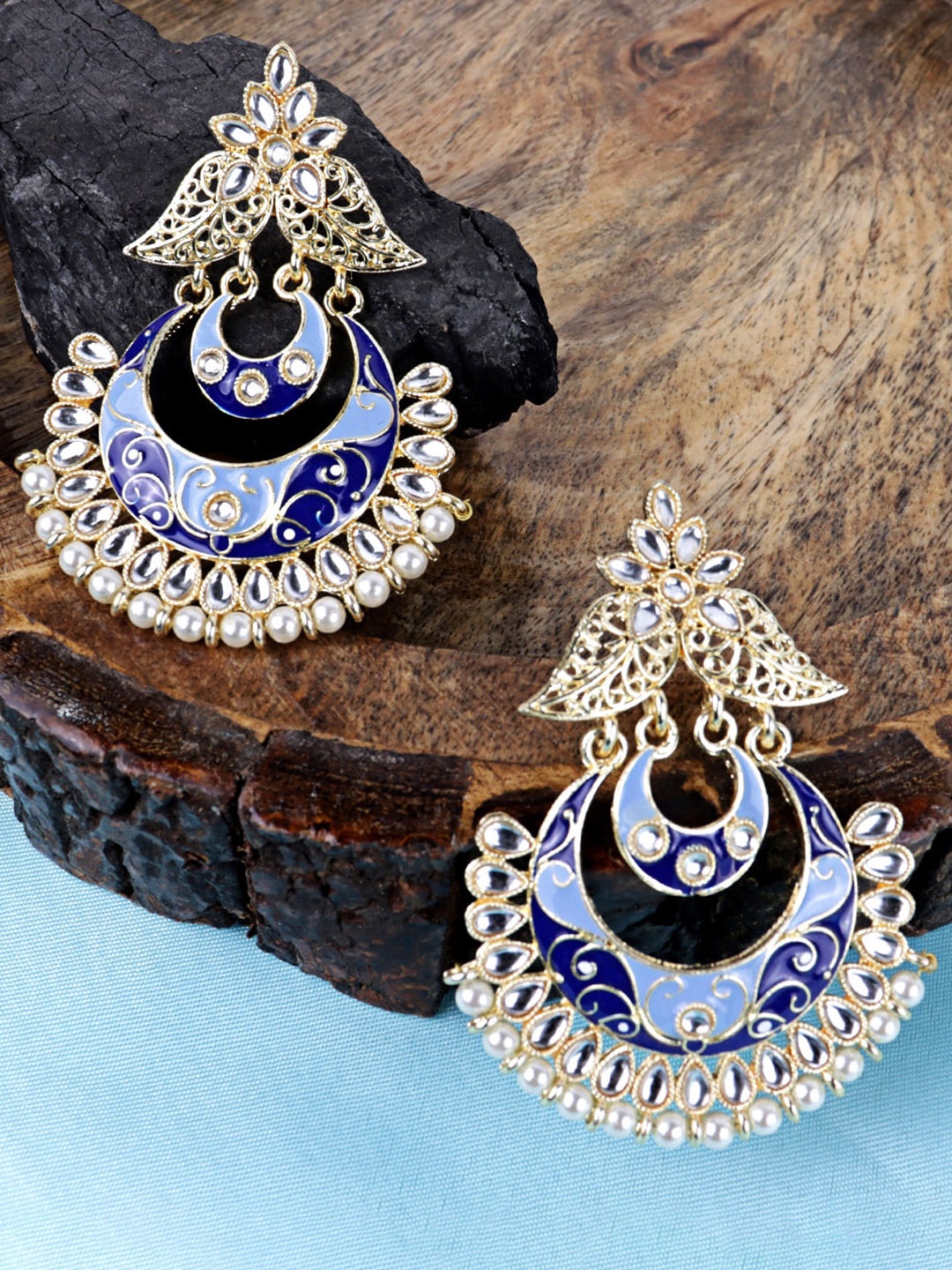Krelin Traditional Gold Plated Kundan Leaf Design Pearl Meenakari Chandbalis Earrings, Blue
Krelin Traditional Gold Plated Kundan Leaf Design Pearl Meenakari Chandbalis Earrings, Blue