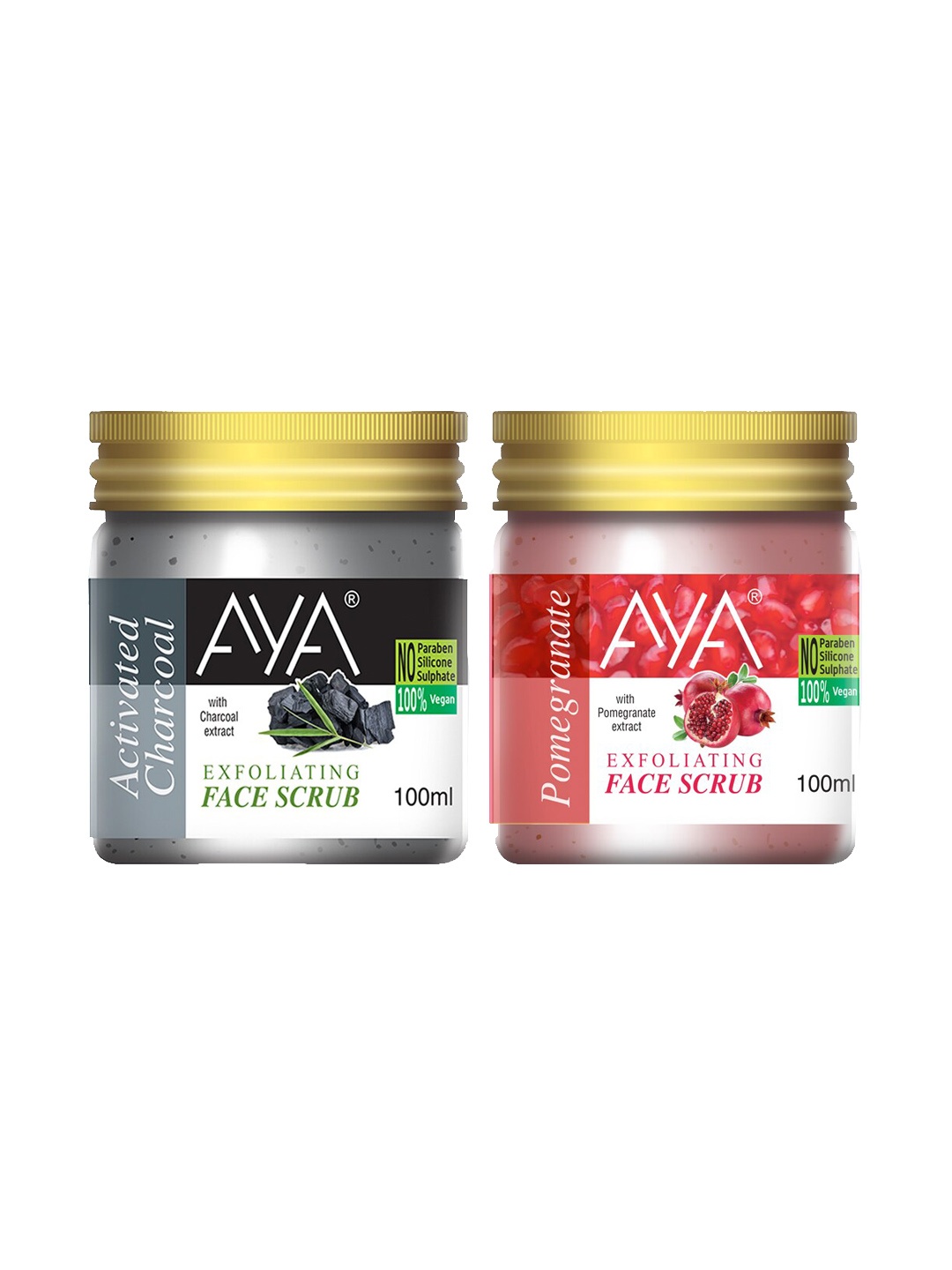 AYA Set Of 2 Activated Charcoal & Pomegranate Exfoliating Face Scrubs - 100 ml Each, Black
AYA Set Of 2 Activated Charcoal & Pomegranate Exfoliating Face Scrubs - 100 ml Each, Black