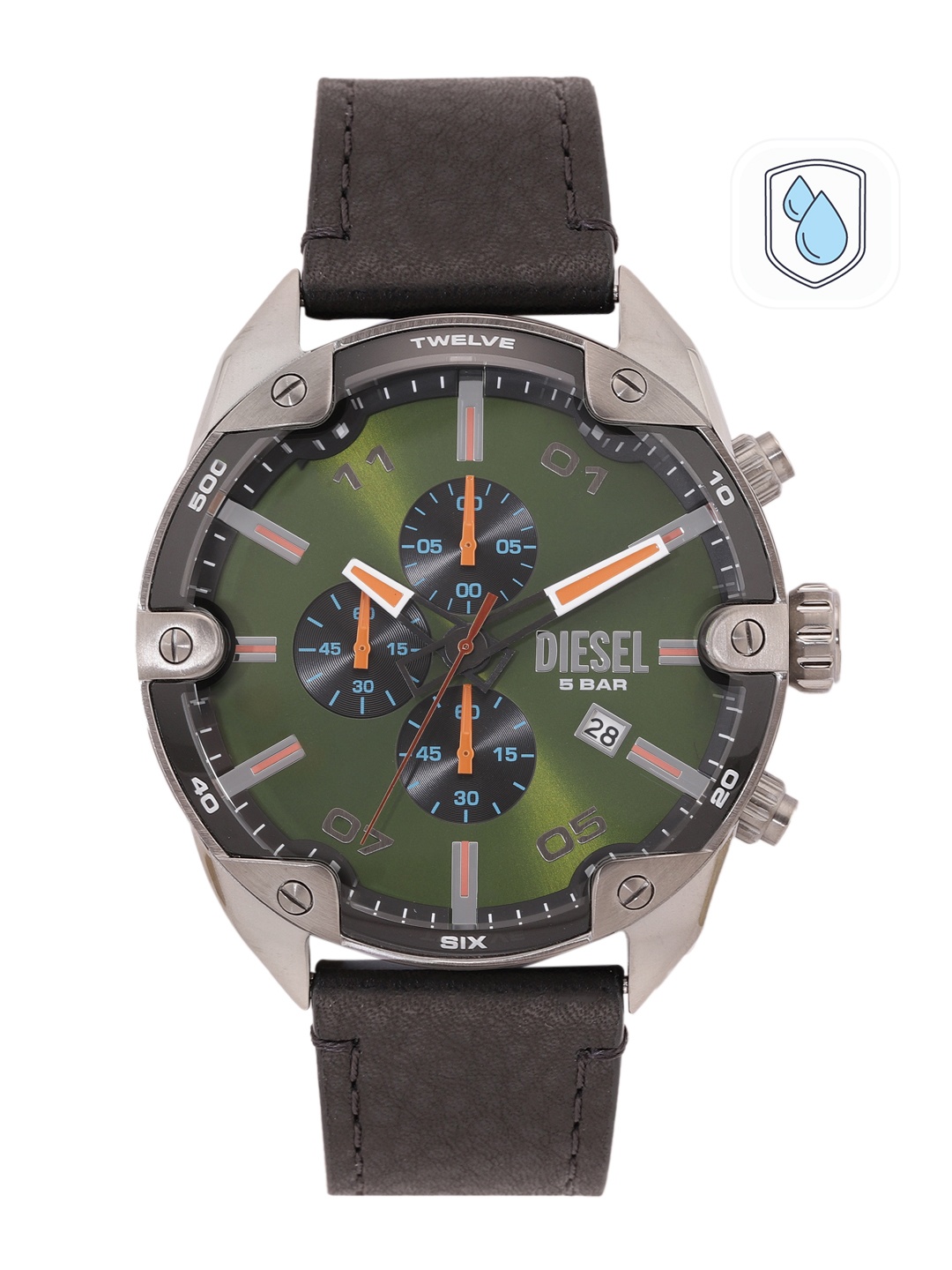DIESEL Spiked Men Solid Dial & Leather Strap Analogue Multi Function Watch DZ4626, Green
DIESEL Spiked Men Solid Dial & Leather Strap Analogue Multi Function Watch DZ4626, Green