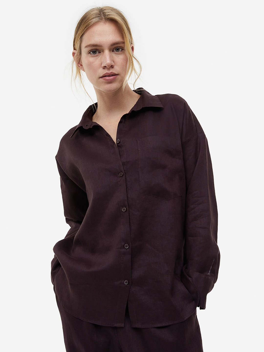 H&M Oversized Linen-Blend Shirt, Brown