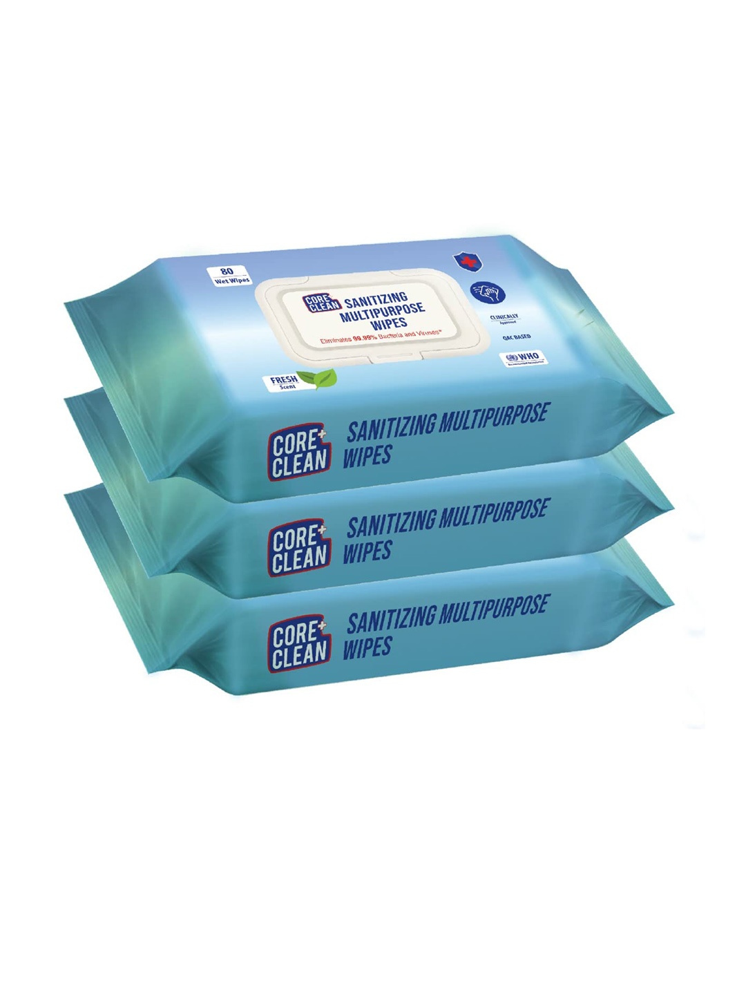 CORE CLEAN Set Of 3 Sanitizing Multipurpose Wipes - 100 Wet Wipes Each Pack, White