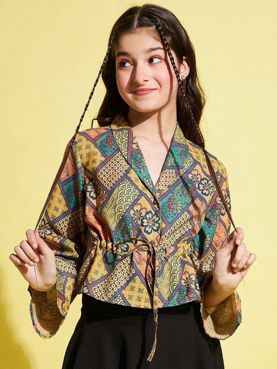 Stylo Bug Girls Floral Printed Cinched Waist Top, Mustard