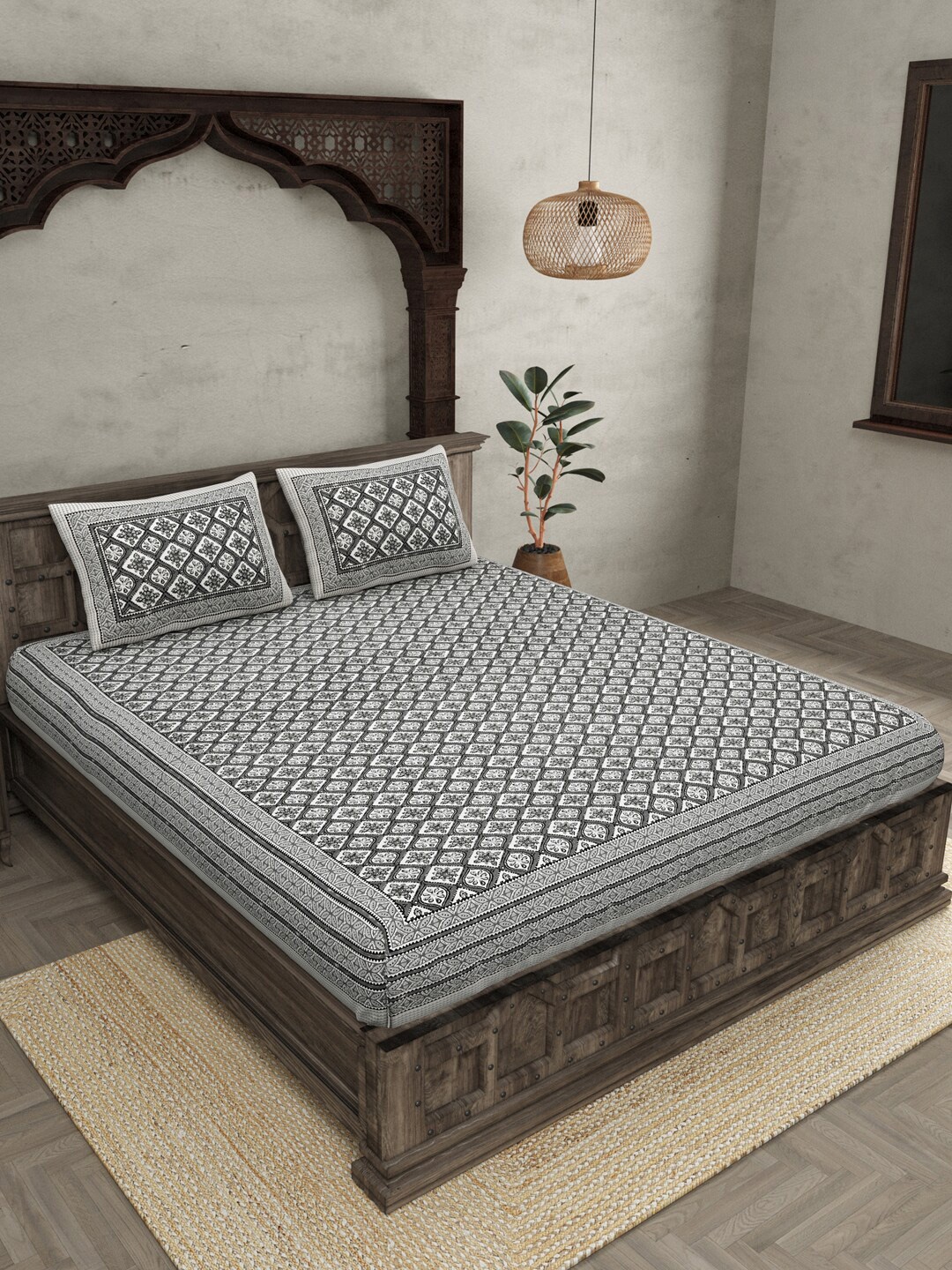 JAIPUR FABRIC Floret Retro Grey & White 240 TC Cotton Queen Bedsheet & 2 Pillow Covers
JAIPUR FABRIC Floret Retro Grey & White 240 TC Cotton Queen Bedsheet & 2 Pillow Covers