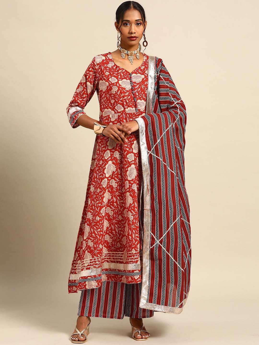 Prakhya Floral Printed Gotta Patti Pure Cotton A-Line Kurta With Palazzos & Dupatta, Red
Prakhya Floral Printed Gotta Patti Pure Cotton A-Line Kurta With Palazzos & Dupatta, Red