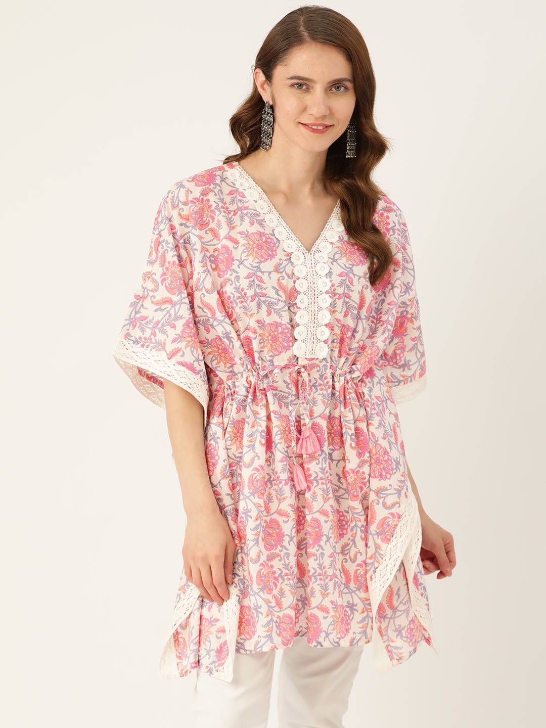 Jaipur Morni Floral Printed V-Neck Flared Sleeves Pure Cotton Pleated Kaftan Kurti, White
Jaipur Morni Floral Printed V-Neck Flared Sleeves Pure Cotton Pleated Kaftan Kurti, White