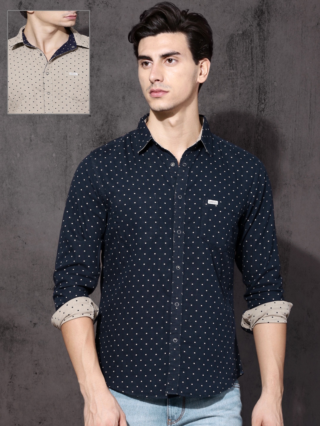 Roadster Men Navy Blue & Beige Reversible Printed Pure Cotton Sustainable Casual Shirt
Roadster Men Navy Blue & Beige Reversible Printed Pure Cotton Sustainable Casual Shirt