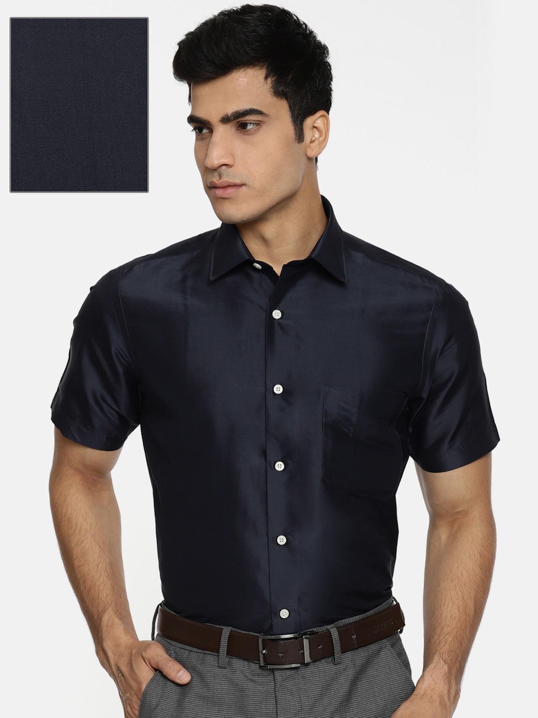 Arrow Men Navy Regular Fit Solid Formal Silk Sustainable Shirt, Navy blue