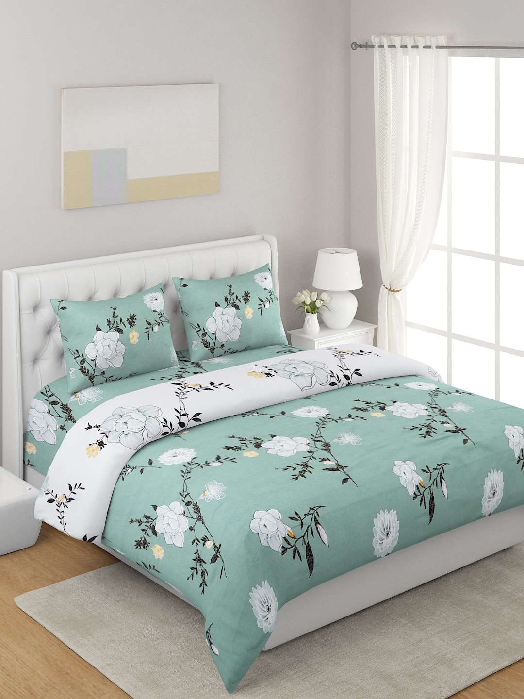 A Homes Grace Green 4-Pcs Printed Double Queen Bedding Set, White