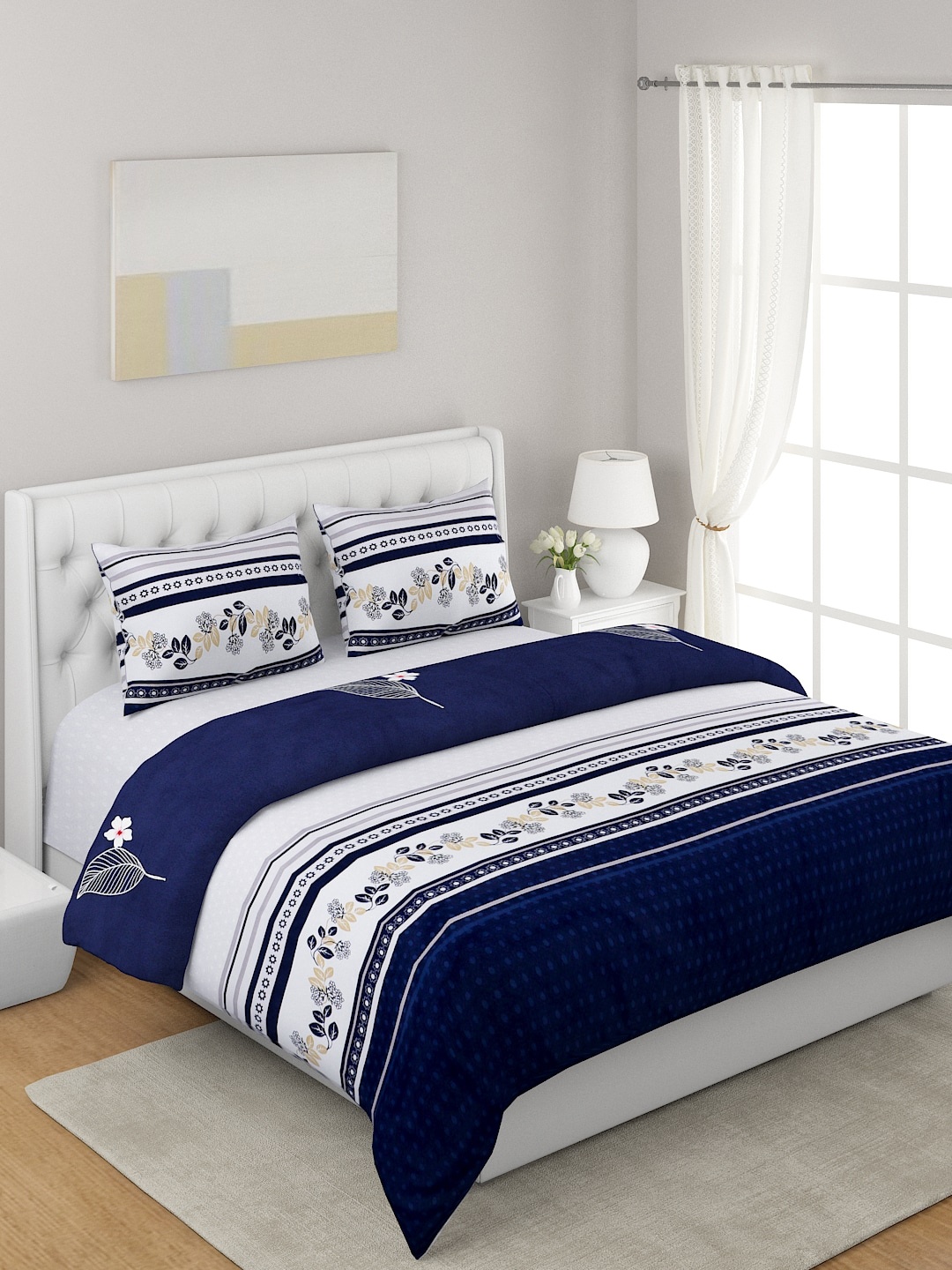 A Homes Grace Blue 4-Pcs Printed Double Queen Bedding Set