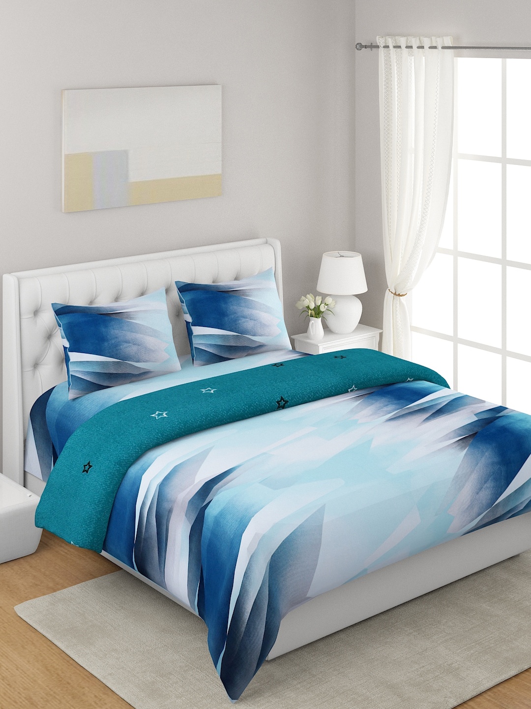 A Homes Grace Blue & Teal Green 4-Pcs Abstract Printed Double Queen Bedding Set
