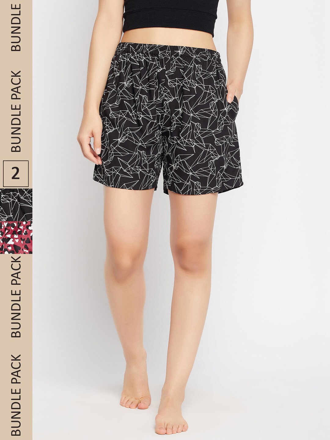 Clovia Women Pack of 2 Mid-Rise Printed Lounge Shorts, Maroon