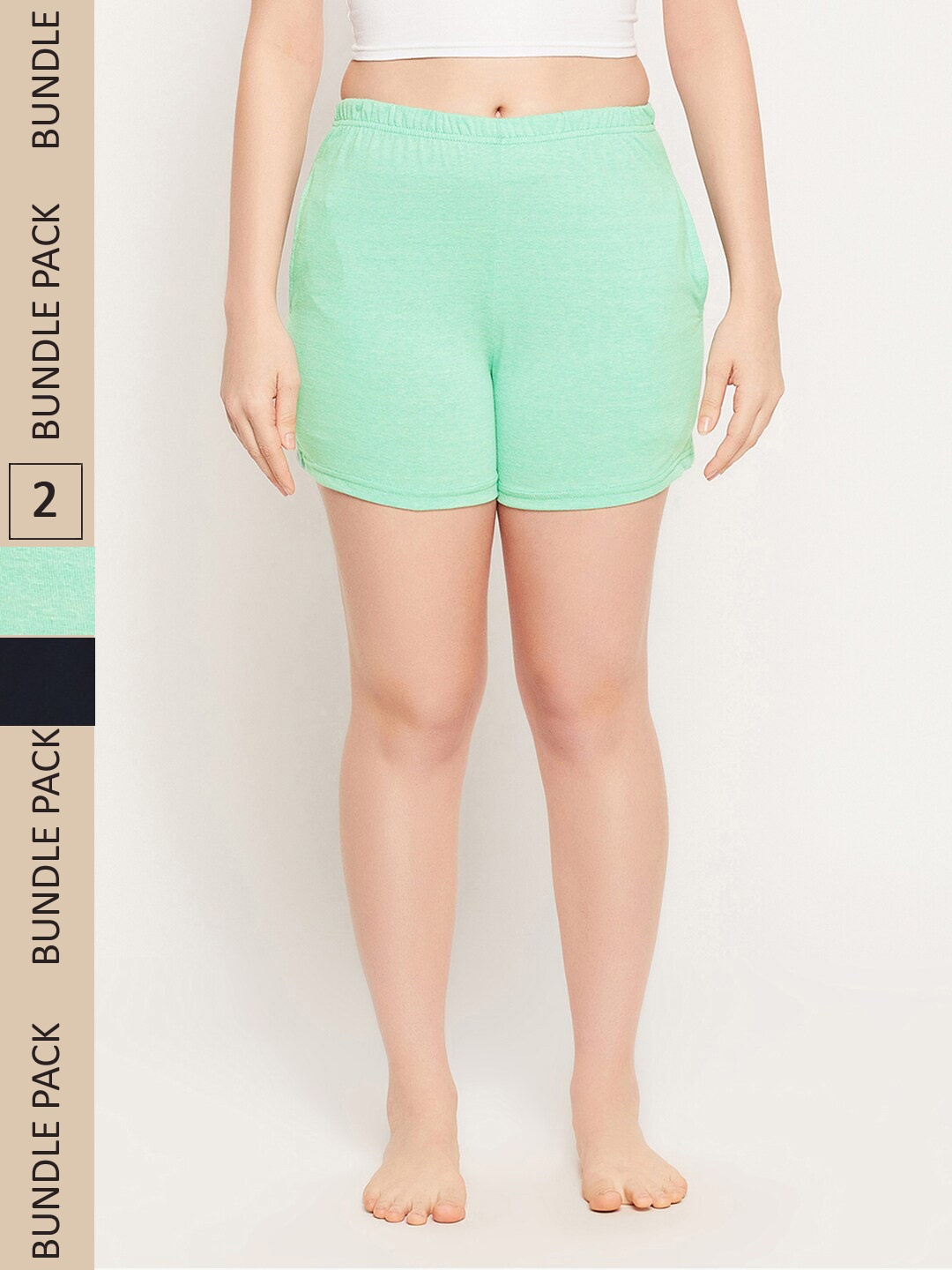 Clovia Women Pack Of 2 Mid-Rise Cotton Lounge Shorts, Green