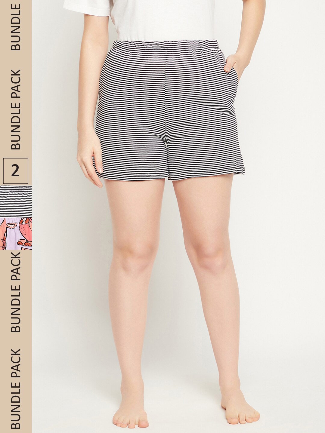Clovia Women Pack Of 2 Striped Cotton Mid-Rise Lounge Shorts, Purple