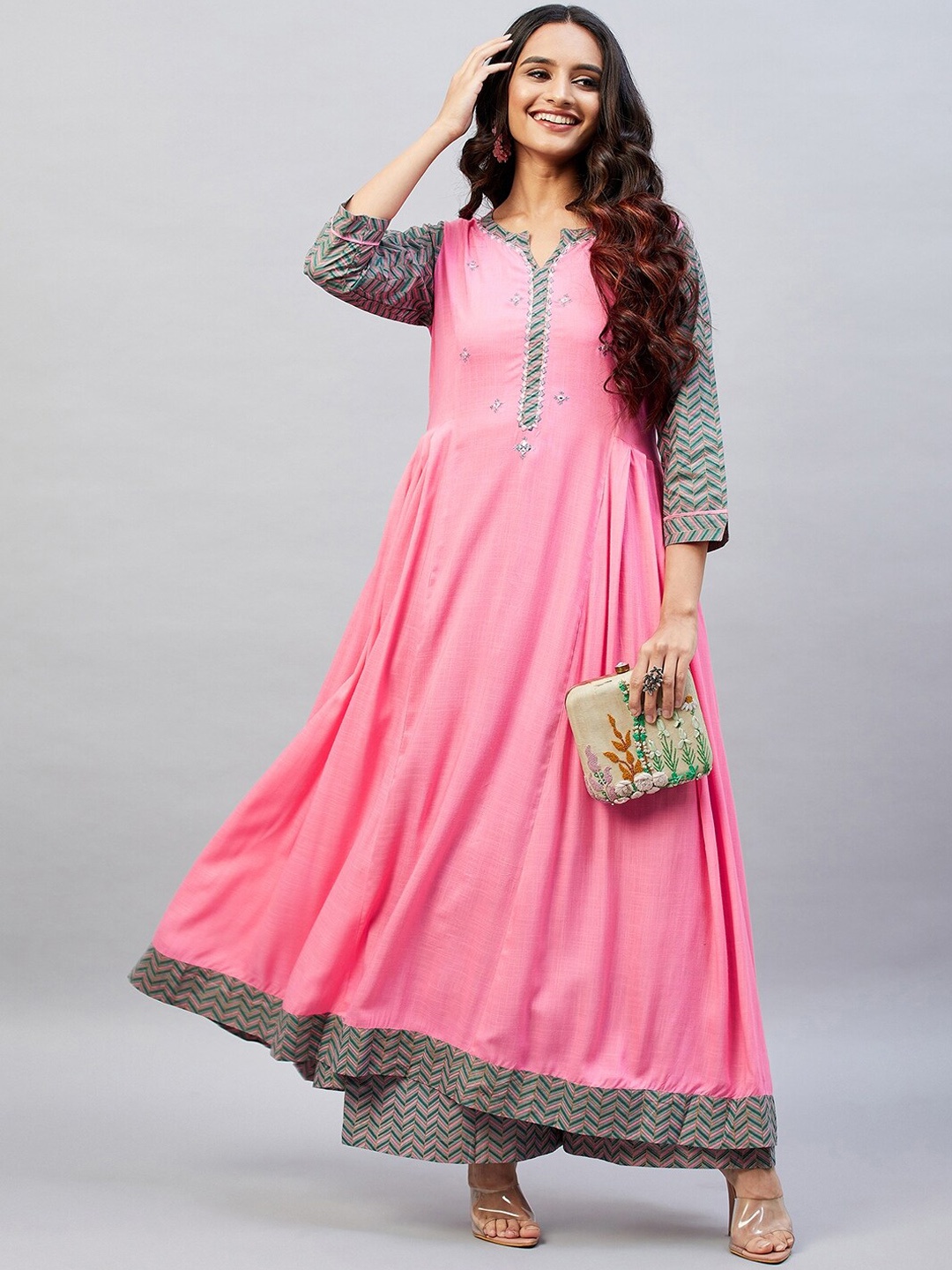 Aaheli Notched Neck Mirror Work A-Line Kurta With Palazzos, Pink