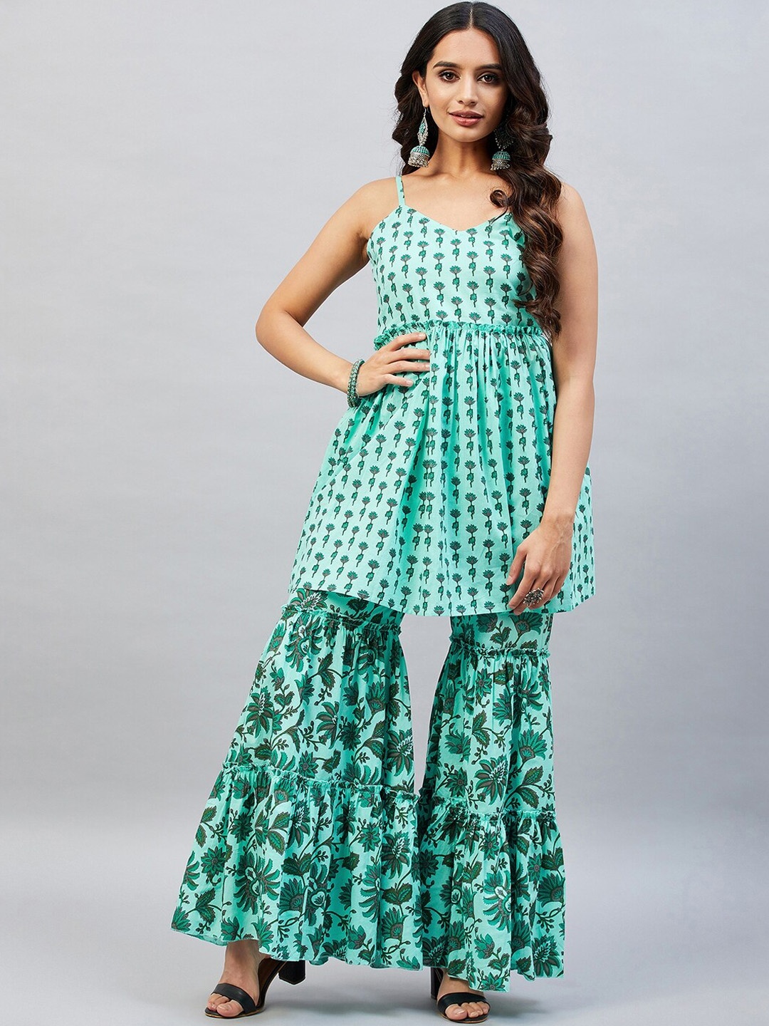 Aaheli Sleeveless Floral Printed Pure Cotton Kurta with Sharara, Sea green