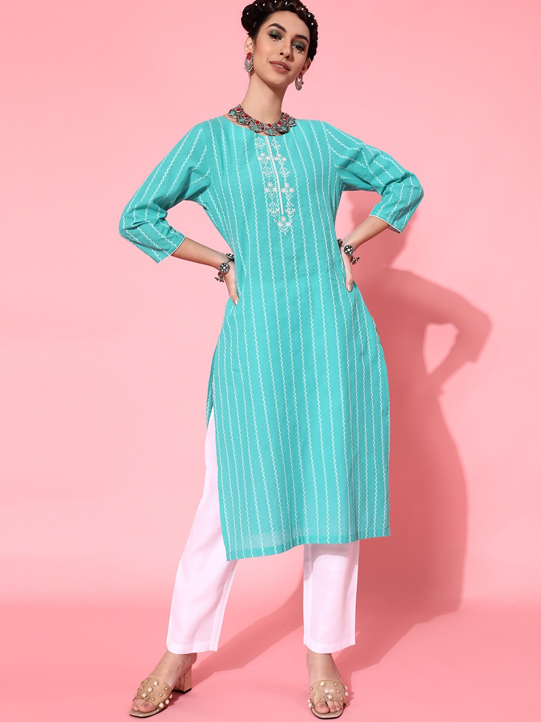 indo street Ethnic Motifs Printed Thread Work Pure Cotton Straight Kurta With Trousers, Turquoise blue
indo street Ethnic Motifs Printed Thread Work Pure Cotton Straight Kurta With Trousers, Turquoise blue