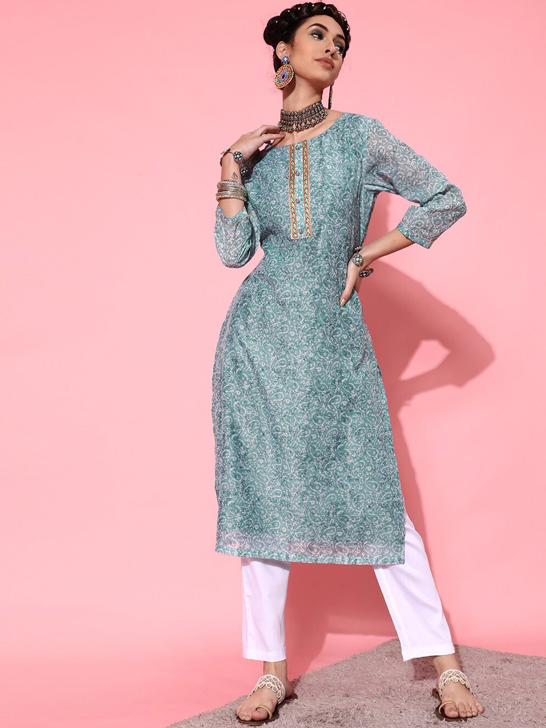 indo street Ethnic Motifs Printed Gotta Patti Straight Pure Cotton Kurta with Trousers, Turquoise blue
indo street Ethnic Motifs Printed Gotta Patti Straight Pure Cotton Kurta with Trousers, Turquoise blue