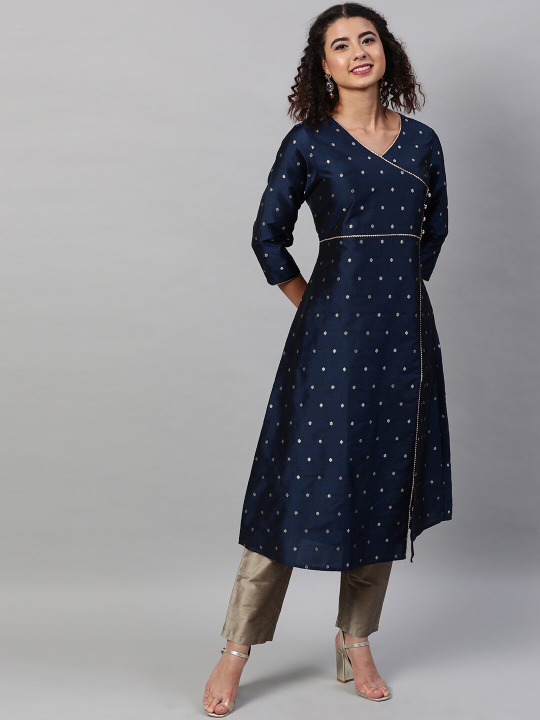 indo street Ethnic Motifs Woven Design Gotta Patti V Neck Angrakha Kurta With Trousers, Navy blue
indo street Ethnic Motifs Woven Design Gotta Patti V Neck Angrakha Kurta With Trousers, Navy blue