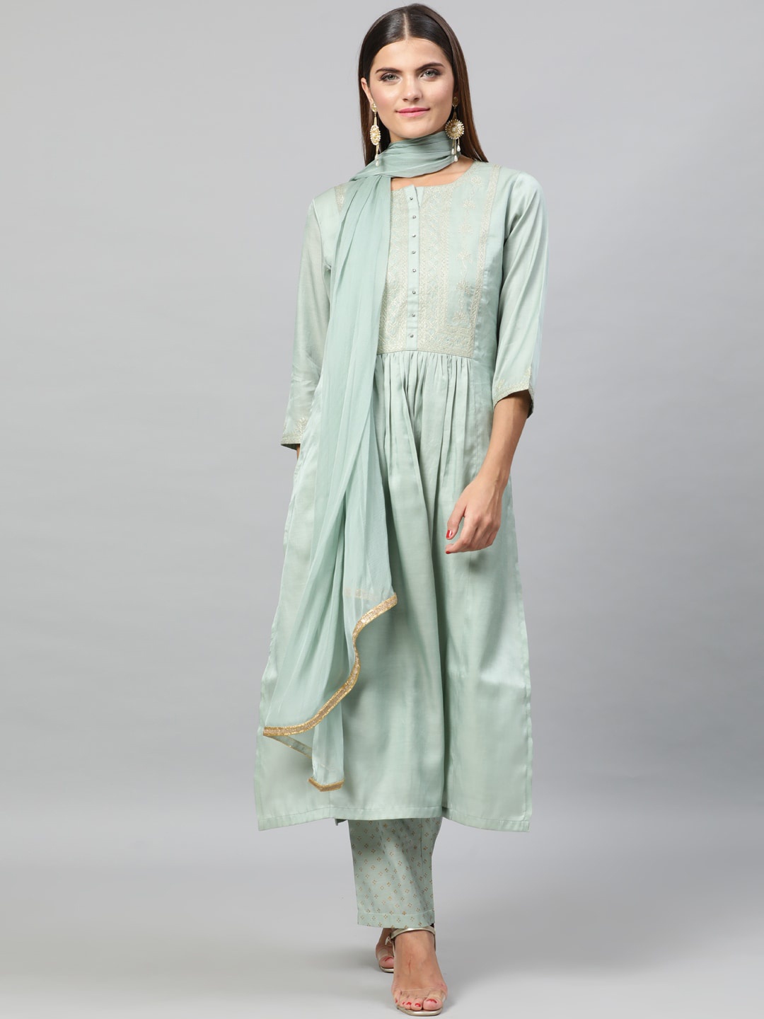 indo street A-Line Ethnic Motifs Embroidered Satin Kurta with Trousers & Dupatta, Sea green
indo street A-Line Ethnic Motifs Embroidered Satin Kurta with Trousers & Dupatta, Sea green