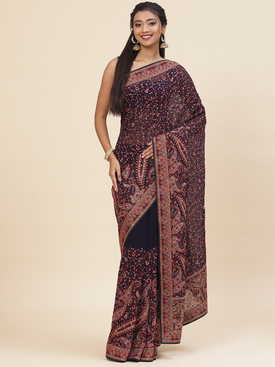 Meena Bazaar Ethnic Motifs Embroidered Saree, Navy blue