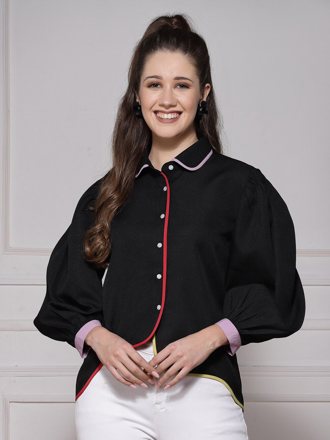 KASSUALLY Colourblock Piping Casual Shirt, Black