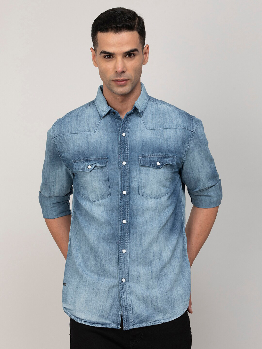 Forca by Lifestyle Spread Collar Faded Cotton Casual Shirt, Blue 
Forca by Lifestyle Spread Collar Faded Cotton Casual Shirt, Blue