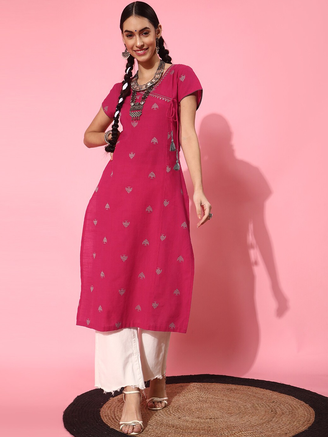 indo street Ethnic Motif Woven Design Cotton Straight Angrakha Kurta, Pink