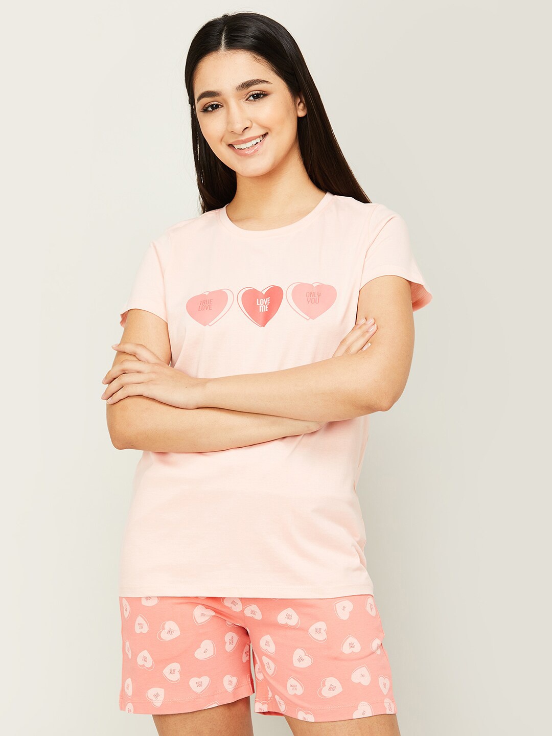 Ginger by Lifestyle Graphic Printed Pure Cotton Night Suit, Rose